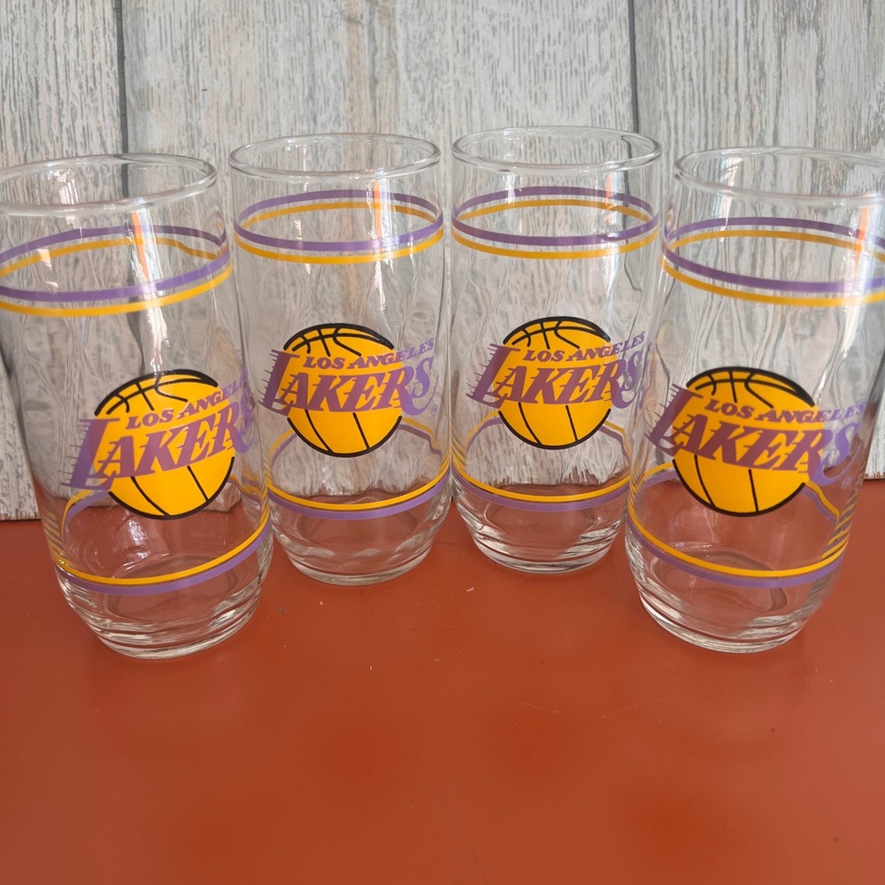 Vintage Los Angeles Lakers Drinking Glasses Set of 4 Purple Gold NBA Highball